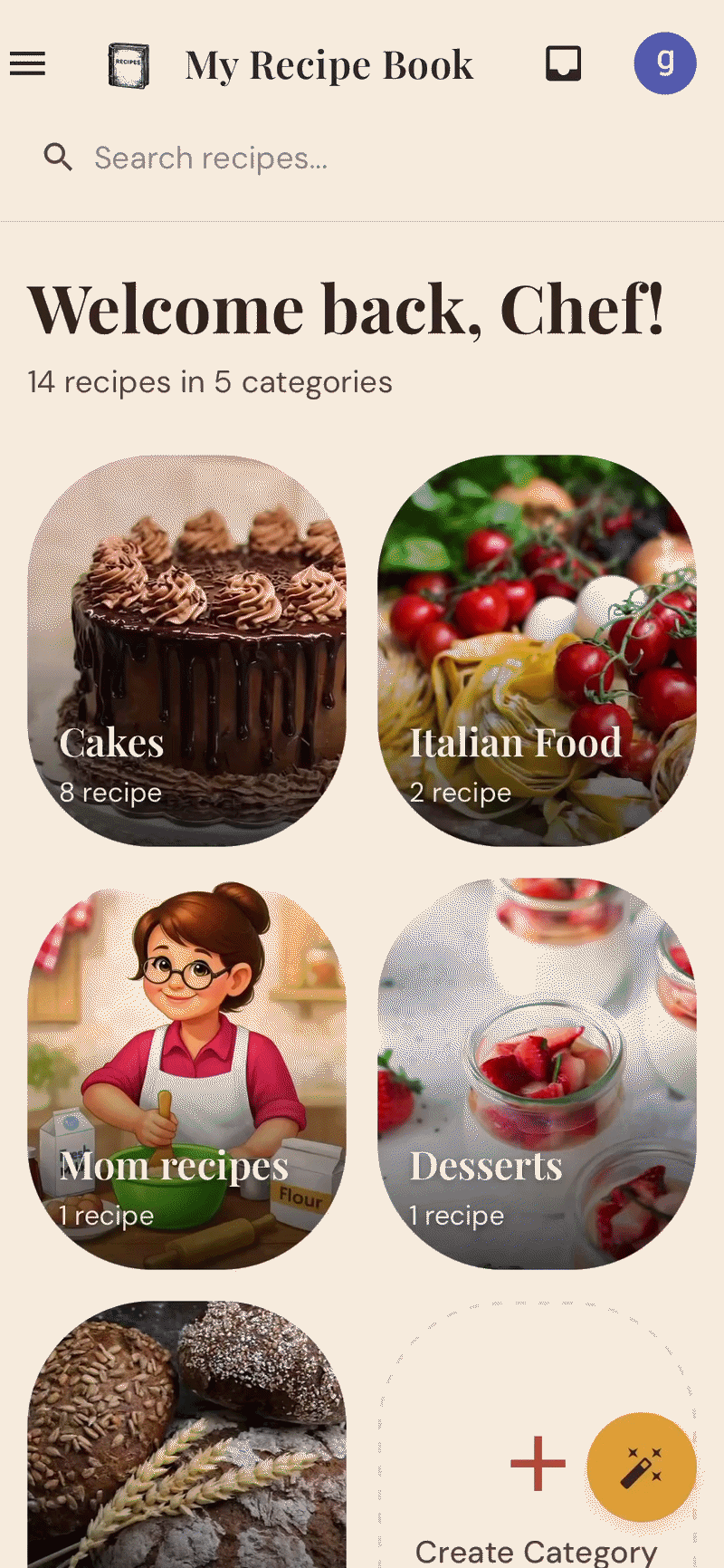 My Recipe Book 앱 - 케이크, 이탈리안 음식 등 레시피 카테고리 표시